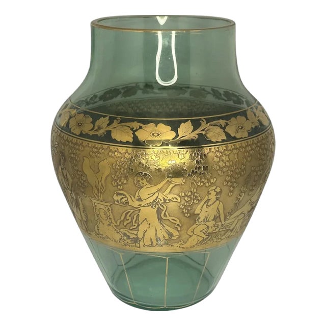 Early 20th Century Moser Uranium Glass Vase: Gilt Frieze, Renaissance Revival, 13" Tall For Sale