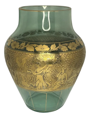 Early 20th Century Moser Uranium Glass Vase: Gilt Frieze, Renaissance Revival, 13" Tall