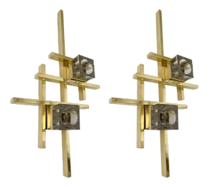 Contemporary Brass Murano Glass Cubic Sconces, Italy - a Pair EU Wired