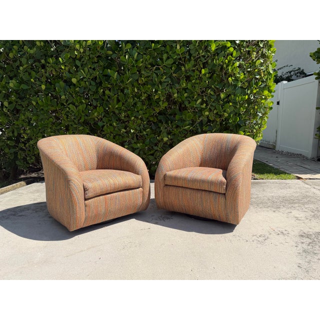 Milo Baughman Vintage Milo Baughman Style Sculptural Swivel Barrel Lounge Chairs by Classic Gallery, Pair For Sale - Image 4 of 15