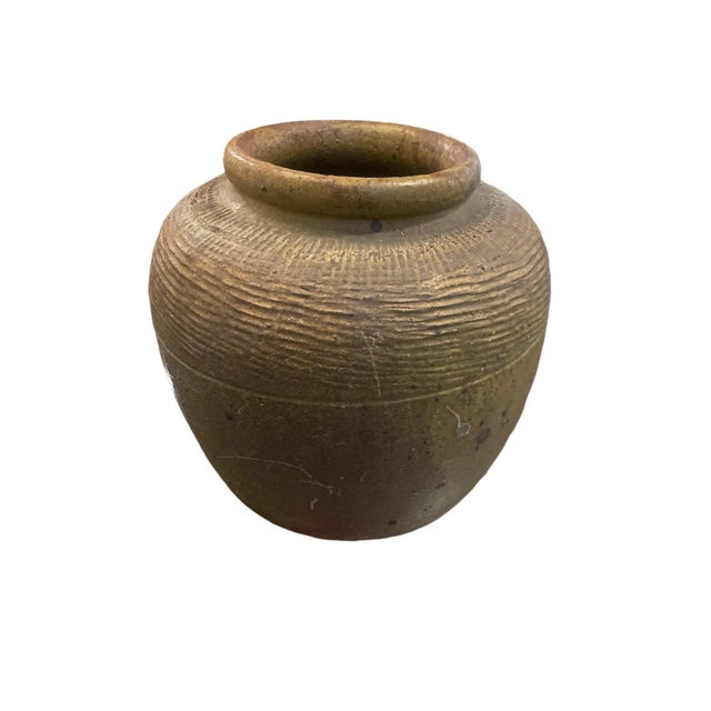 This Mid Century Japanese Clay Ceramic Planter was once a Jar that has been converted into a planter. Brush stroked lines...