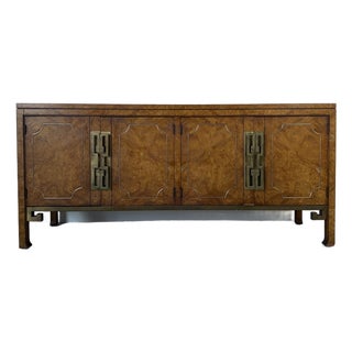 Vintage William Doezema Style Mastercraft Burl Wood Credenza With Brass Greek Key Details For Sale