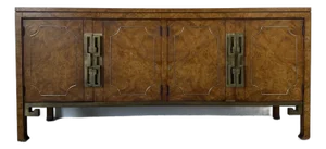 Vintage William Doezema Style Mastercraft Burl Wood Credenza With Brass Greek Key Details