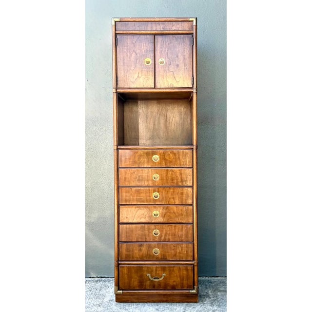Mid-Century Modern Vintage Drexel Wood and Metal Campaign Tall Cabinet For Sale - Image 3 of 12