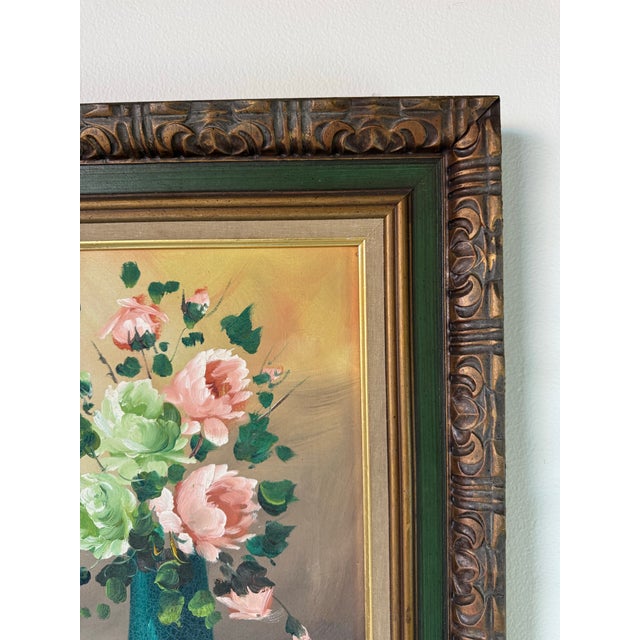 Wood 1970s Vintage Floral Still Life - Green & Pink Roses in Vase Oil on Canvas Painting by Bindi For Sale - Image 7 of 10