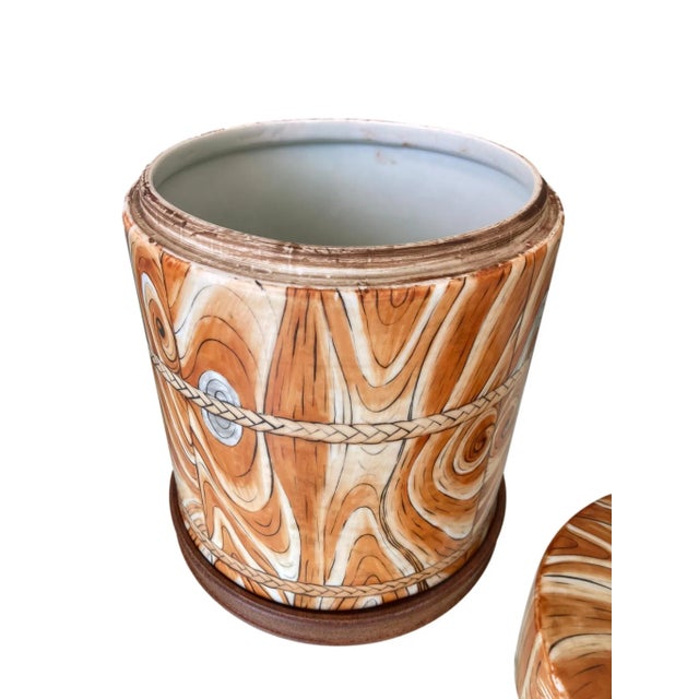 Mid 20th Century Chinese Ceramic Faux Bois Canister / Covered Jar on Wood Stand For Sale - Image 9 of 12