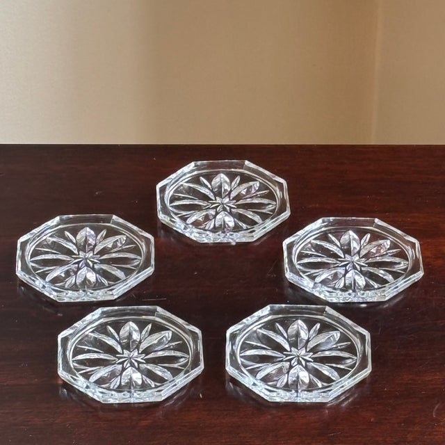 Vintage Mid-20th Century Pressed Glass Starburst Coasters – Set of Five For Sale - Image 4 of 8