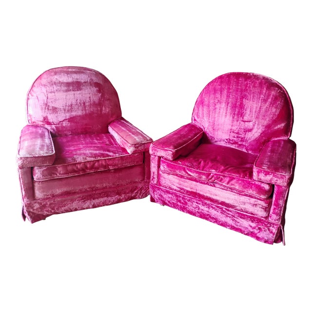 1940s Art Deco Pink Crushed Velvet Arm Chairs - Set of 2 For Sale