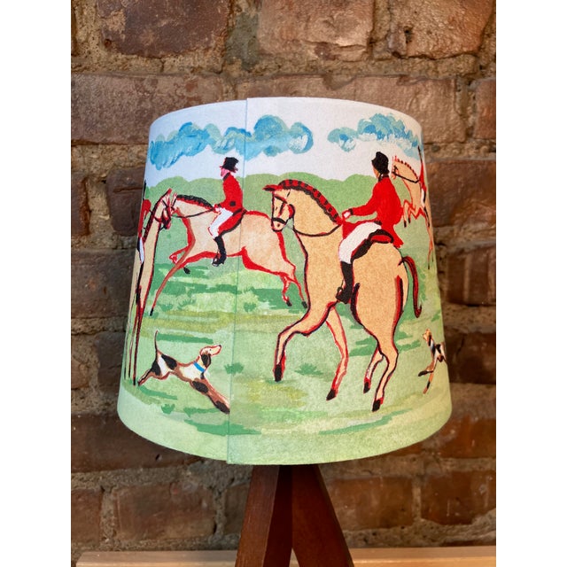 Hand painted one of a kind Tripod Table Lamp, Small Bedside Lamp with White Fabric Shade & Dark Wood Base, Modern...