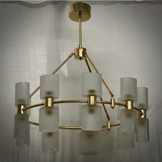 2000 - 2009 Mid-Century Murano Round Art Glass and Brass Chandeliers and Pendant For Sale - Image 5 of 10