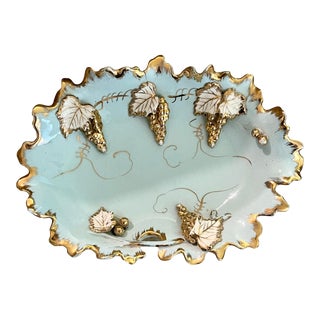 Vintage Early 20th Century Gilded Scallop Edge Tiffany’s Blue Hollywood Regency Trinket Tray With Gold Grapes For Sale