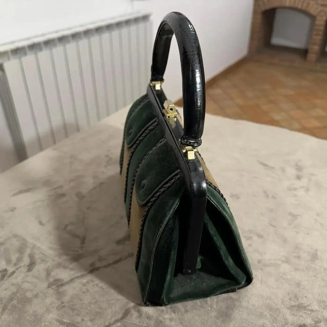 Textile 1960s Green and Brown Suede and Black Leather Italian Top Handle Bag For Sale - Image 7 of 13