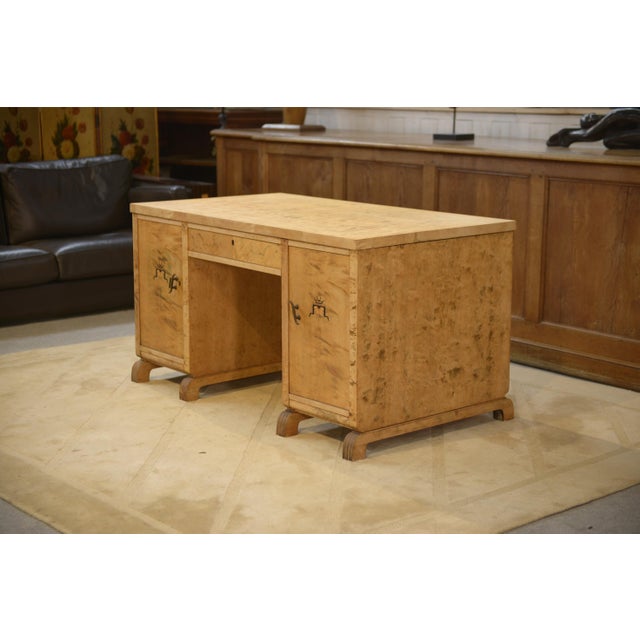English Desk in Birch Burl with Bee Motif Marquetry, 1950s For Sale - Image 14 of 14