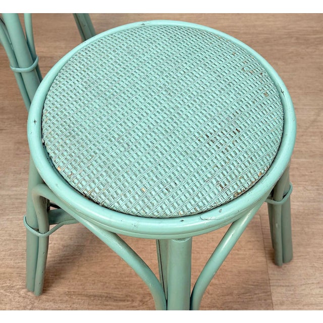 Vintage Coastal Rattan Turquoise Round Wicker Stools - A Pair For Sale - Image 9 of 13