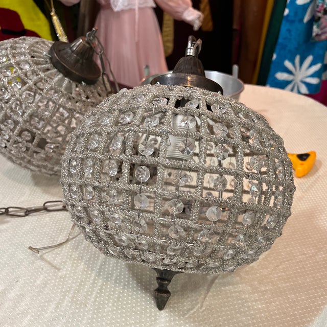 Pair of 1970s Round Hollywood Regency Crystal and Bronze Pendant For Sale - Image 4 of 7