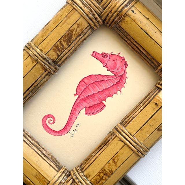 Nautical Original Hand-Painted Sea Horse Painting Framed in a Vintage Bamboo & Rattan Frame For Sale - Image 3 of 3