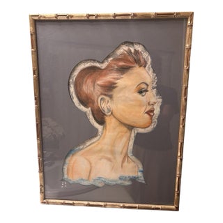 Vintage Hollywood Regency Glamour Portrait in Faux Bamboo Frame For Sale