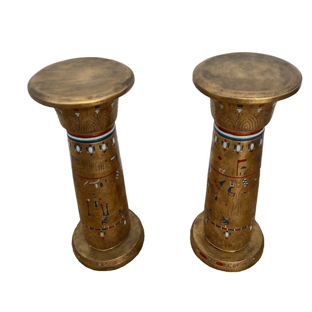 Vintage Egyptian Column Plant Stands Pedestals Carved Stone Look Resin Set of Two For Sale - Image 4 of 13