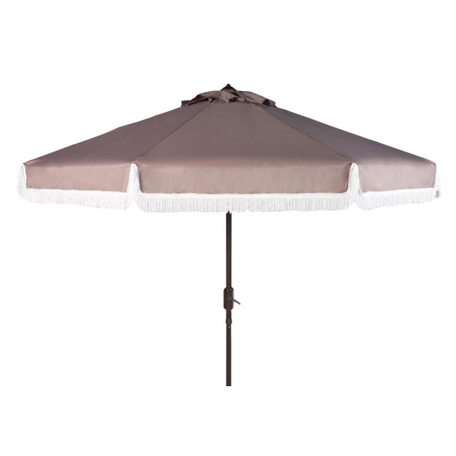 Fringe 9 Ft Crank Outdoor Push Button Tilt Umbrella in Grey & White For Sale - Image 4 of 4