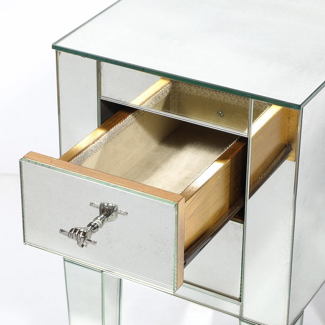 Modernist End Table/Nightstand in Antique Mirror W/ Sculptural Hand Pulls For Sale - Image 11 of 17