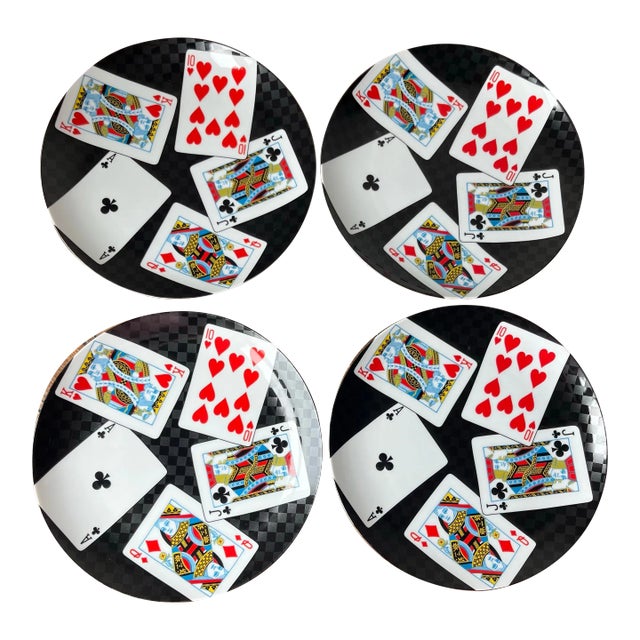 Late 20th Century Fitz and Floyd “House of Cards” Pattern Fine Porcelain Luncheon Plates- Set of 4 For Sale