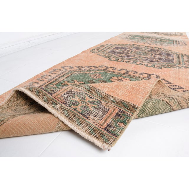 Vintage Turkish Runner | Muted Apricot & Sage Green Hallway Rug For Sale - Image 4 of 11