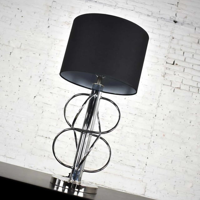 Vintage Mid-Century Modern Table Lamp Polished Chrome New Black Drum Shade For Sale - Image 6 of 13