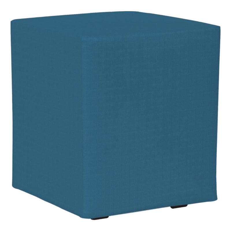 Solid view of a blue cube ottoman on a white background.