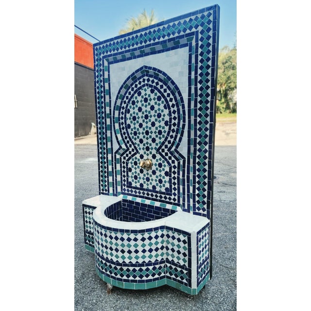 Moroccan Blue / Off White / Aqua Moroccan Mosaic Tile Fountain, Tarsi3 For Sale - Image 3 of 9