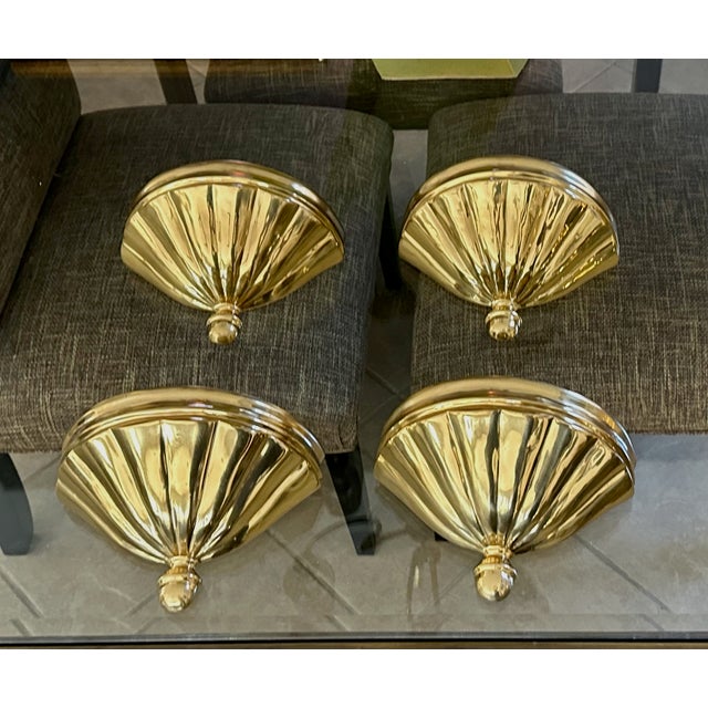 1980s Set 4 Brass Scallop Shell Uplight Wall Sconces For Sale - Image 5 of 17