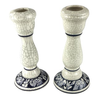 Artisan Dedham Pottery Vintage Turkey Thanksgiving Candle Holders - a Pair For Sale
