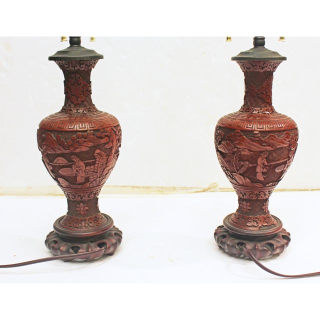 Chinese 18th Century Pair of Chinese Qing Dynasty Cinnabar Vases Mounted as Lamps - Pair For Sale - Image 3 of 14
