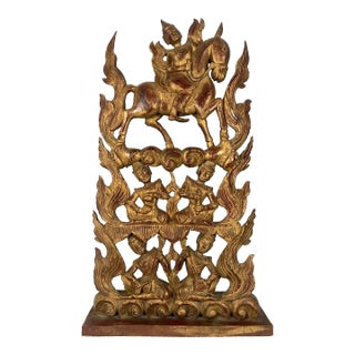 The Aspara & Her Musicians, Massive Free Standing Thai Red Gold Carved Wooden Sculpture For Sale