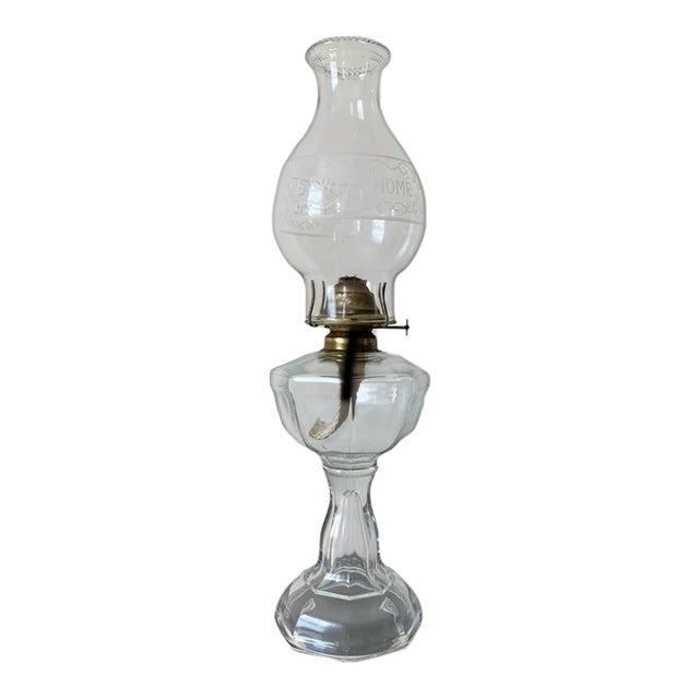 Antique American Clear Glass Table Oil Lamp With Beaded Rim Design For Sale
