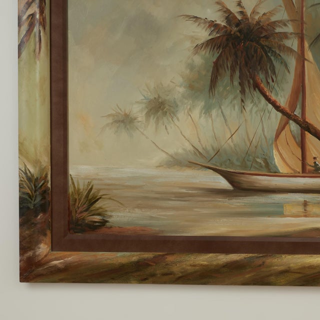 Beige Large Tropical Painting of a Boat With Palm Trees For Sale - Image 8 of 13