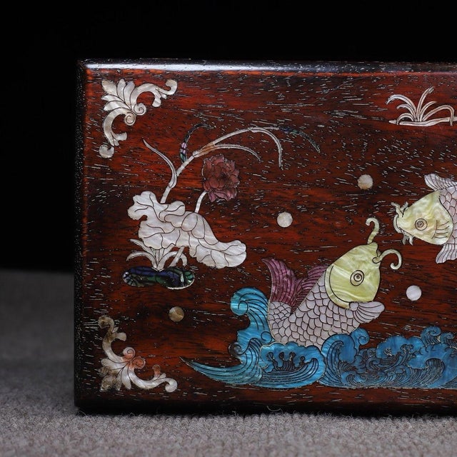 Wood Zitan Wood Box Inlaid With Mother-of-Pearl Fish Motif For Sale - Image 7 of 9