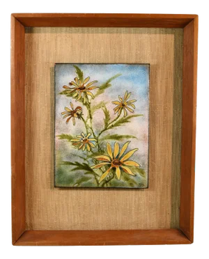 Mid Century Modern Enamel on Copper Flower Framed Plaque Signed