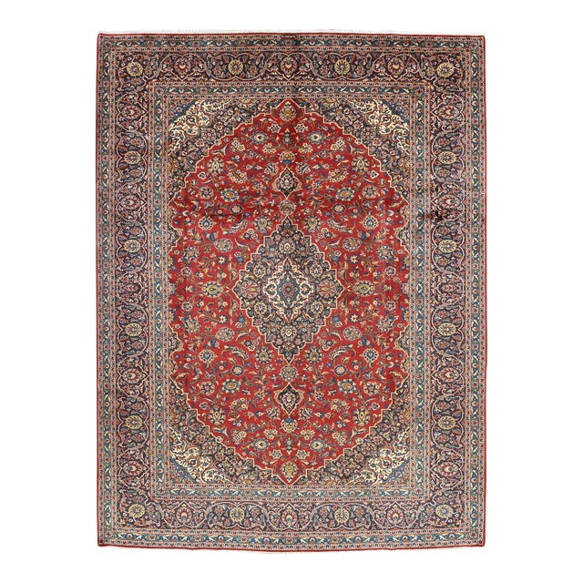 Kashan Rug 9'8'' X 12'9'' Red Wool Vintage Traditional Hand-Knotted Carpet For Sale