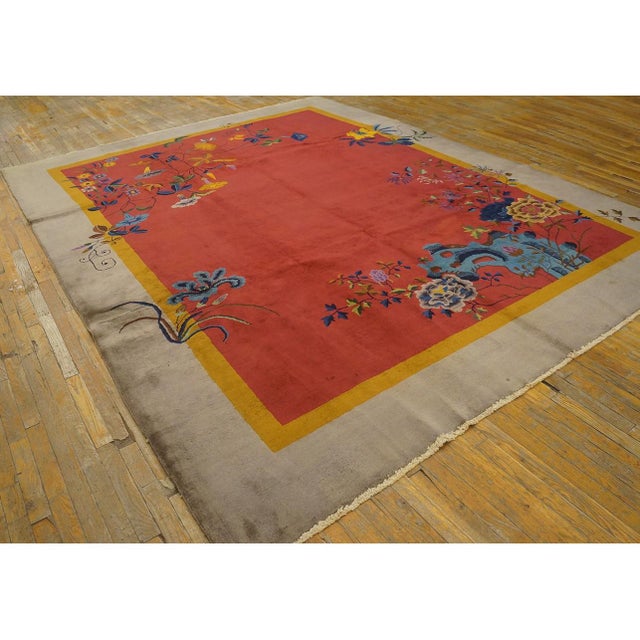 Antique Chinese Art Deco Floral Hand Knotted Pile Rug, Country of Origin: China, Circa Date: 1920s. This magnificent piece...