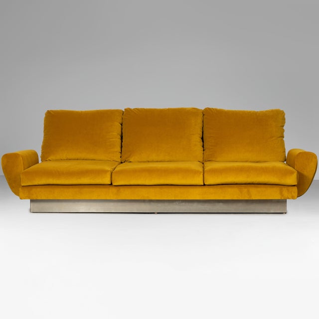 Goldenrod Three-Seater Sofa and Poufs in Yellow Velvet1970, Set of 3 For Sale - Image 8 of 12