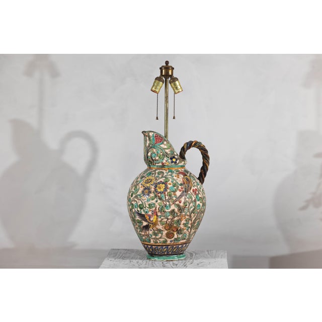 Metal Mid 20th Century Majolica-Style Mid-Century Modern Ceramic Table Lamp with Birds and Floral Motifs For Sale - Image 7 of 12