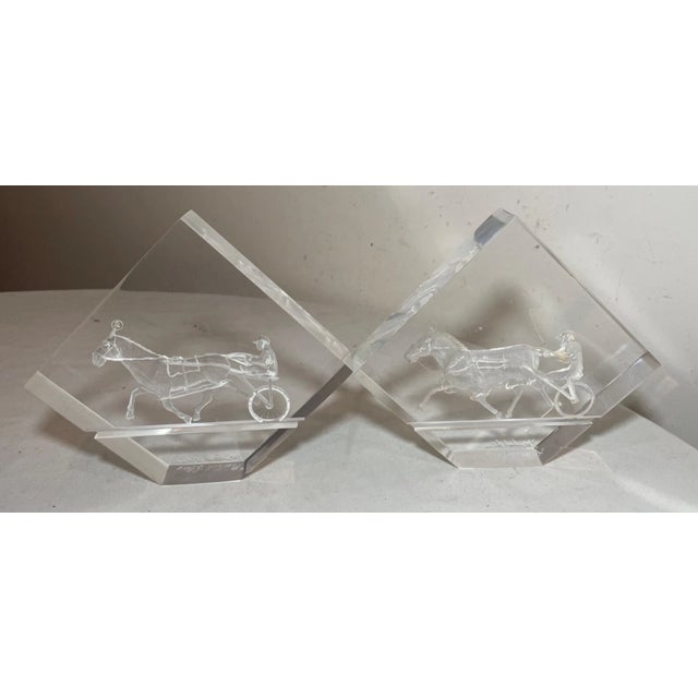 Pair of 2 Vintage Handmade Carved Etched Lucite Acrylic Harness Jockey Bookends For Sale - Image 9 of 14