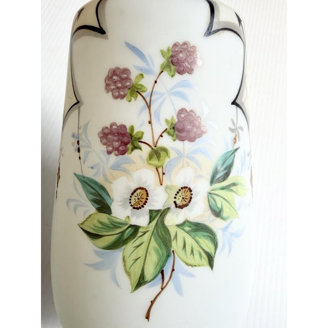 Late 19th Century Matching Pair of Antique Bristol Glass Vases With Hand Painted Flowers & Butterflies For Sale - Image 5 of 17