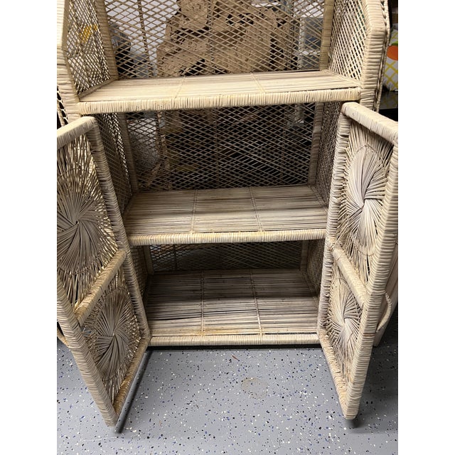 Vintage 1970s Palm Beach Coastal Arched Wicker & Rattan Étagère Hutch Cabinet With Sunburst Doors For Sale - Image 12 of 12
