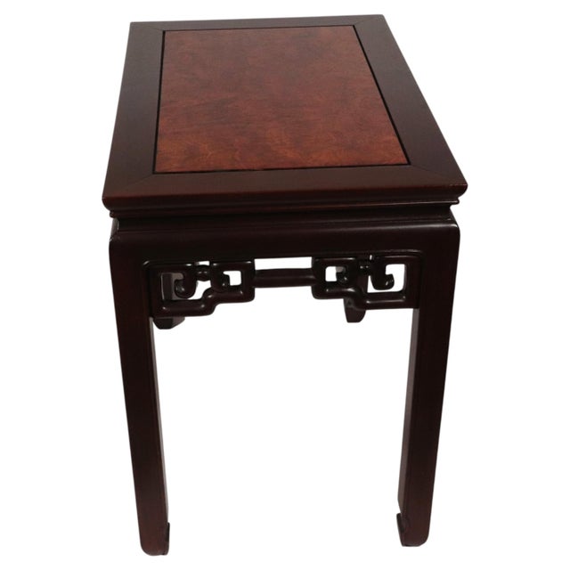 Chinese Padauk and Burl Panel Side Tables, Pair, Labeled j.l. George & Co., Hong Kong For Sale - Image 4 of 14