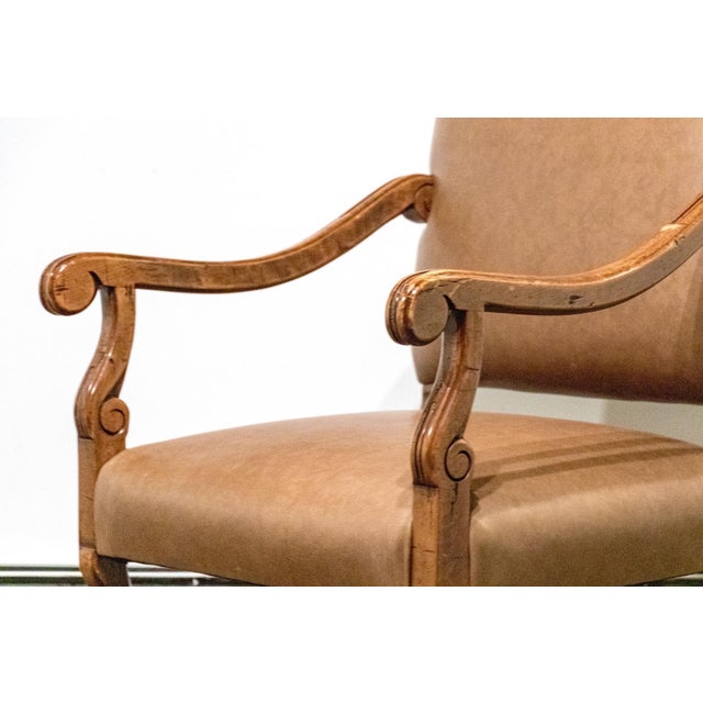 French Antique Louis XIV Style Leather Upholstered Armchair For Sale - Image 3 of 6
