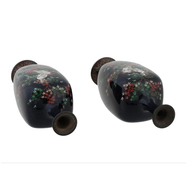 Antique Pair of Meiji Japanese Cloisonne Enamel Stork Blossoming Garden Vases Attributed to Ota For Sale - Image 4 of 8