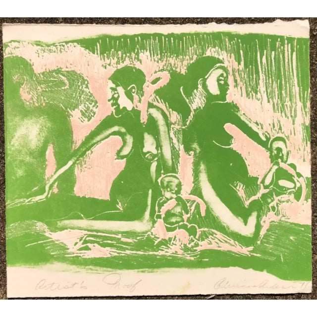 It's Much too Hot Out!" mother and child figure litho in apple green by Atlanta artist Adrienne Anderson (1949-2020)....