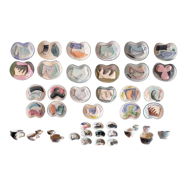 1980s Loughran Unique Abstract 43 Piece Ceramic Dinner Set, Kidney Shaped For Sale