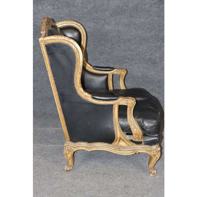 Maison Jansen Genuine Leather Gilt and Paint Decorated Grand Scale Bergere Chair For Sale In Philadelphia - Image 6 of 15